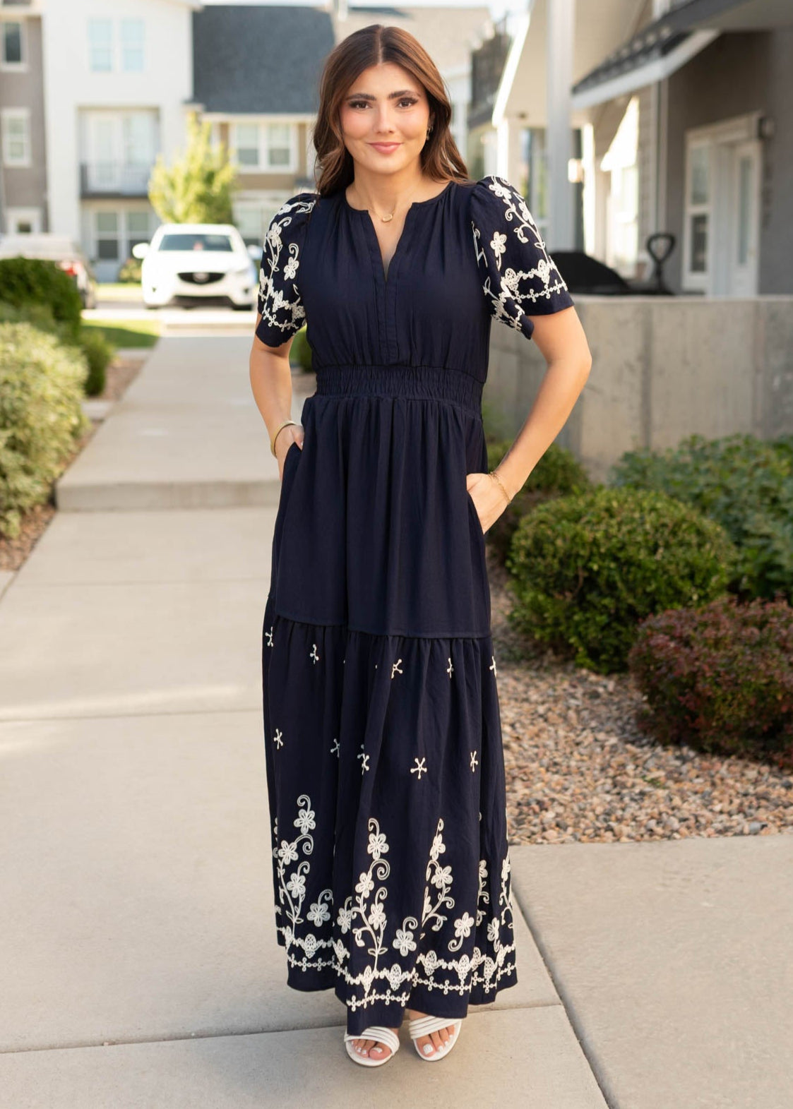 Modest navy embroidered dress with pockets and white embroidery
