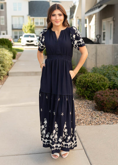 Modest navy embroidered dress with pockets and white embroidery