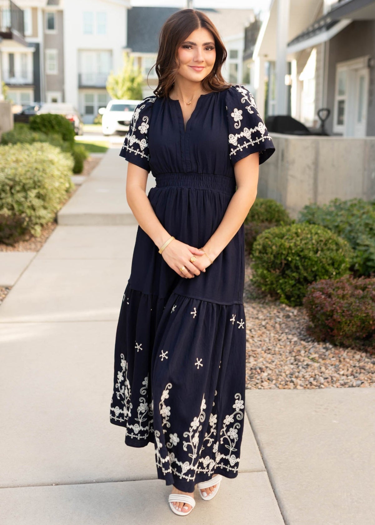 Modest navy embroidered dress with short sleeves