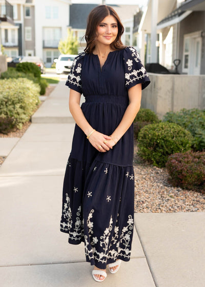 Modest navy embroidered dress with short sleeves