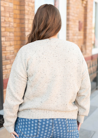 Back view of the plus size speckled taupe knit sweater