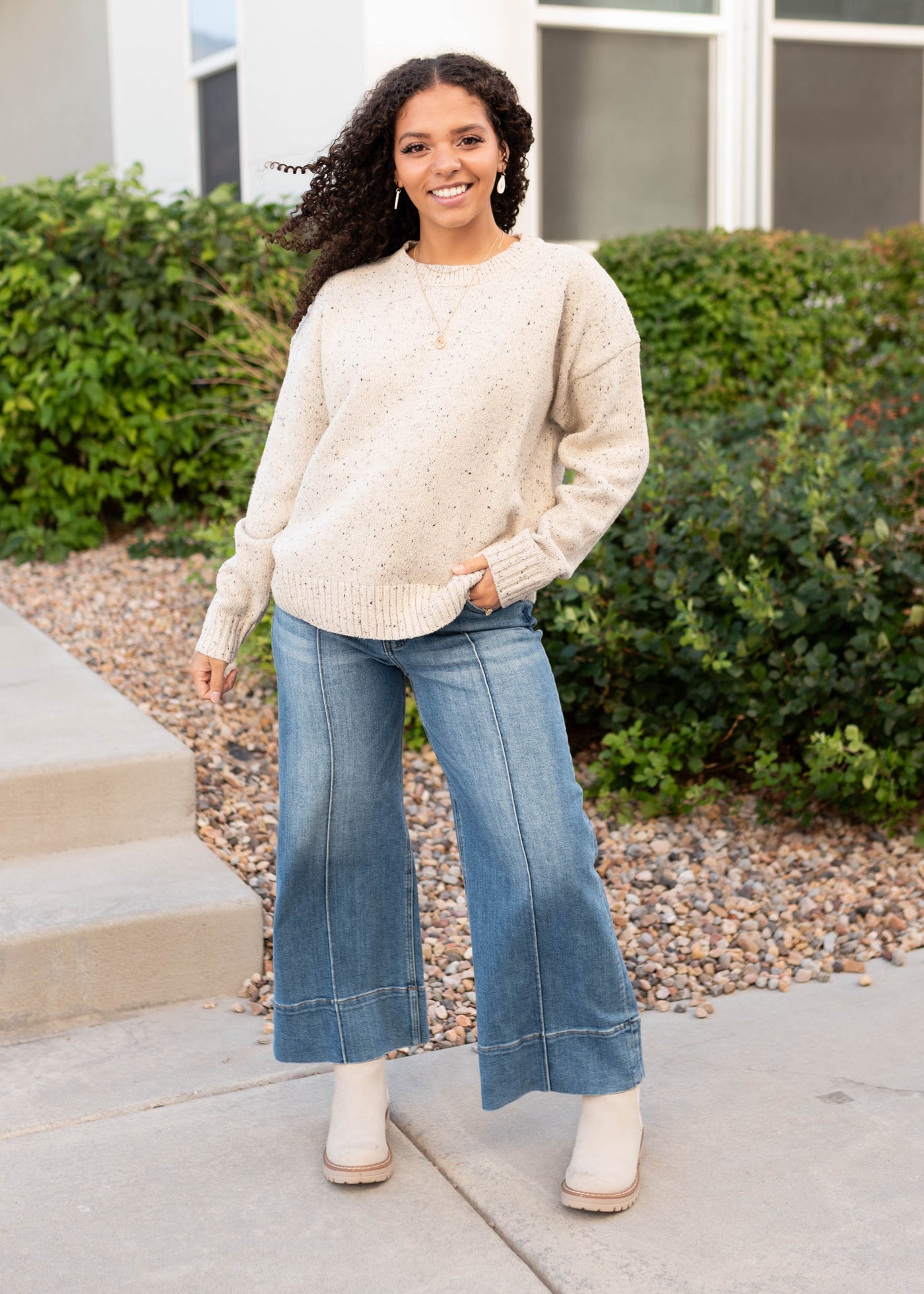 Warm and cozy speckled taupe knit sweater
