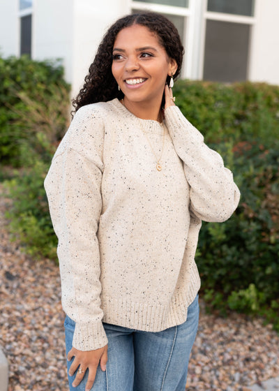Speckled taupe knit sweater with colored speckles