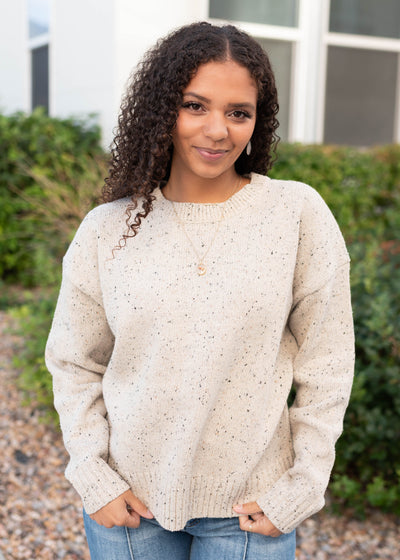 Long sleeve speckled taupe knit sweater