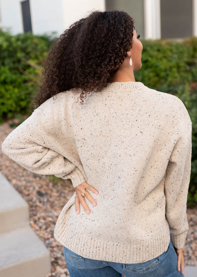 Back view of the cozy speckle taupe knit sweater with long sleeves
