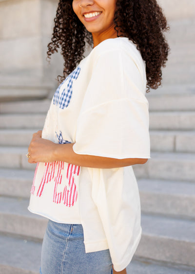 Side view of the stars and stripes cream graphic