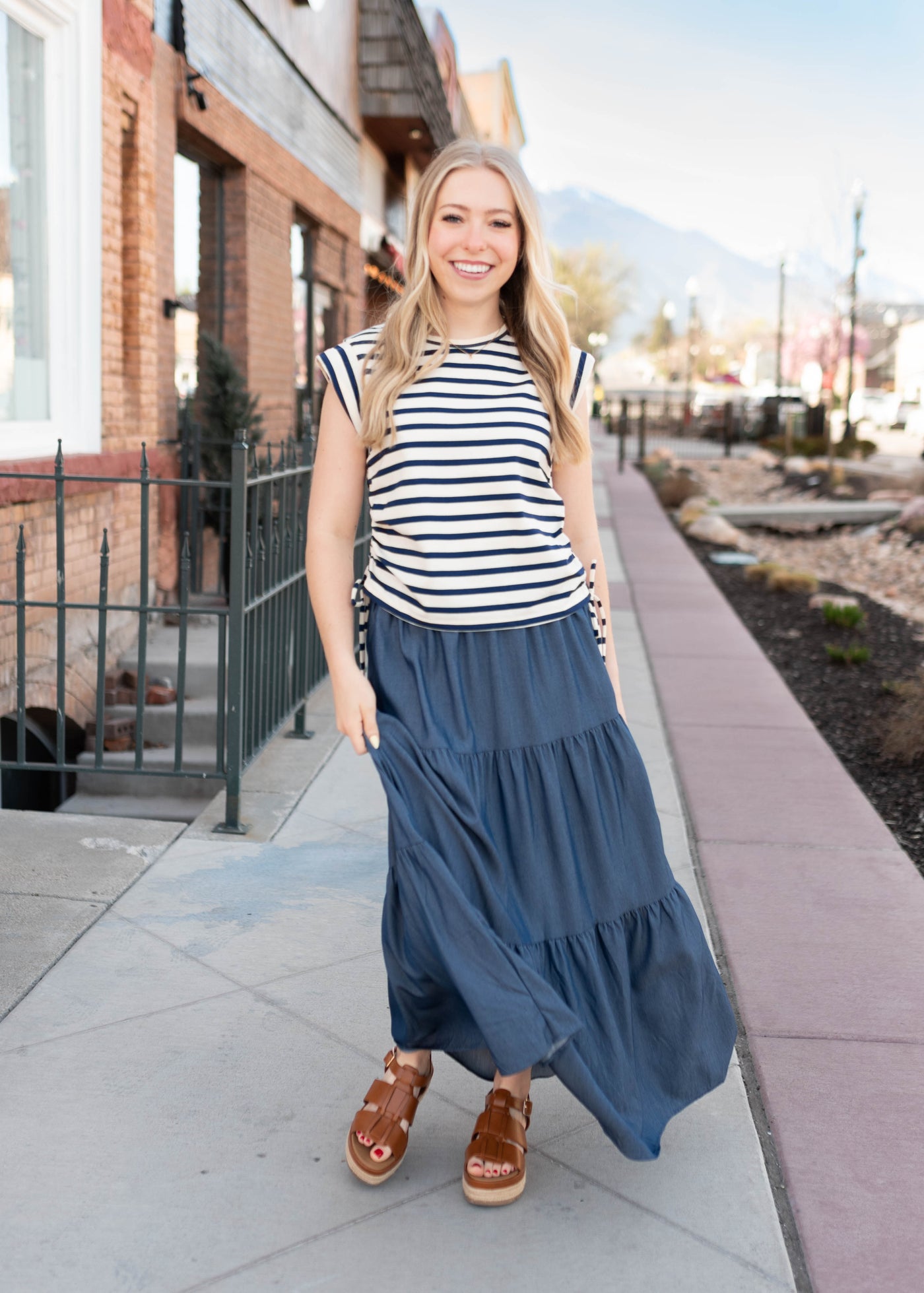 Stella Dark Chambray Tiered Skirt - Elastic Waist & Flowy Fit