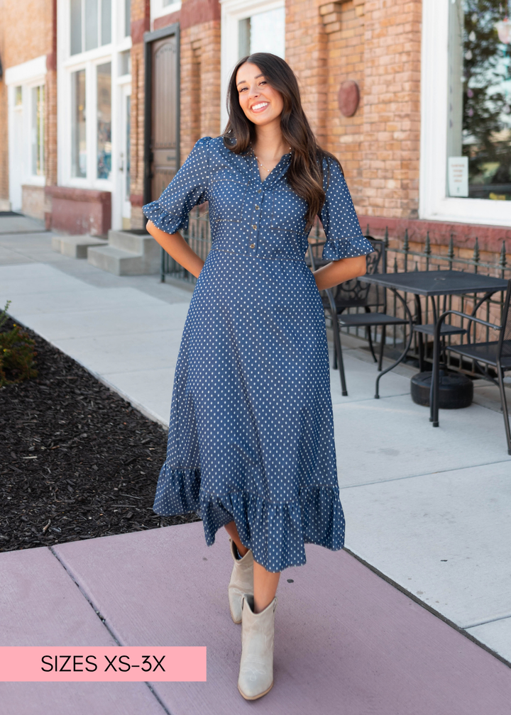 Susannah Navy & White Polka Dot Collared Dress – Lena Layne