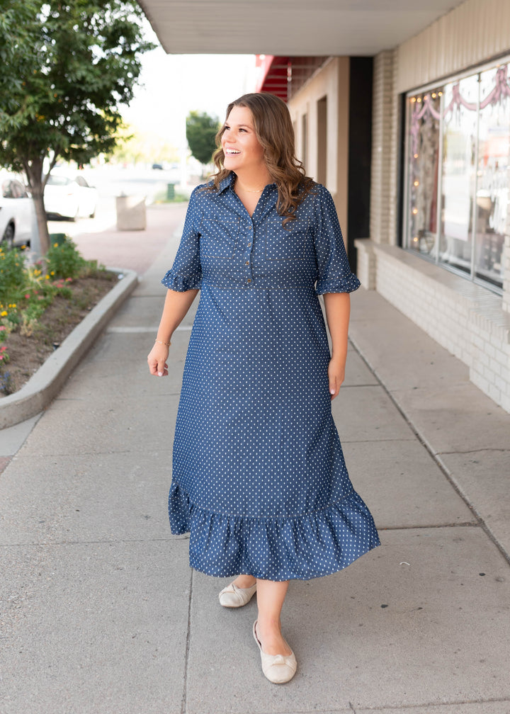 Susannah Navy & White Polka Dot Collared Dress – Lena Layne