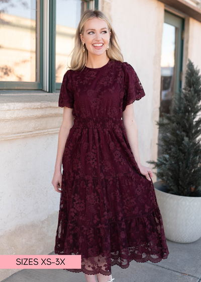Modest short sleeve wine lace dress