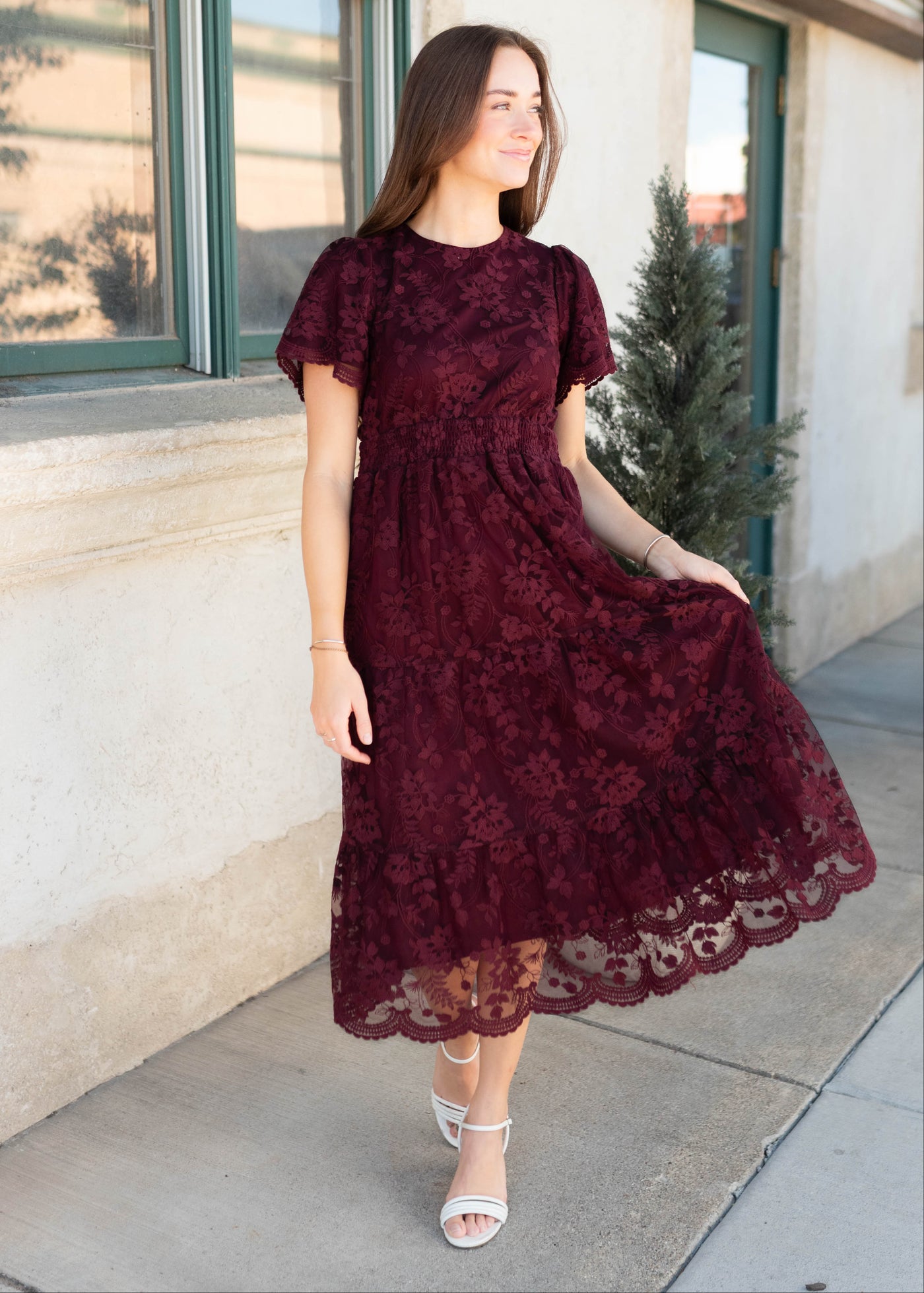 Modest midi wine lace dress with scalloped hem and short sleeves