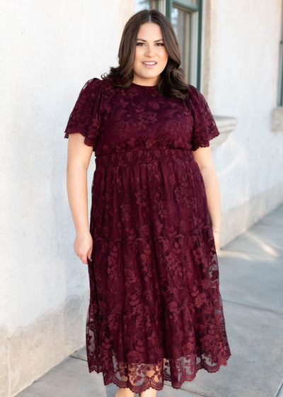 Short sleeve modest wine lace dress in plus size