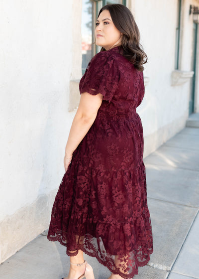 Side view of the modest wine lace dress in plus size