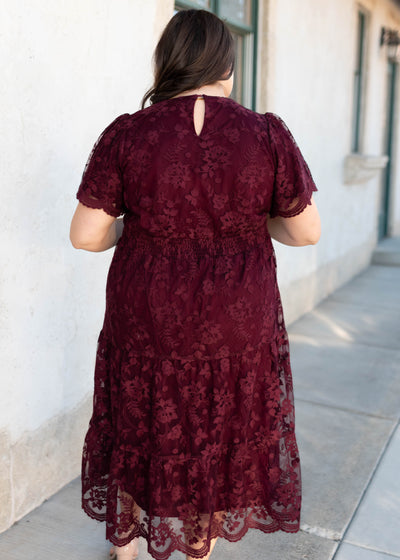Back view of the plus size wine lace dress