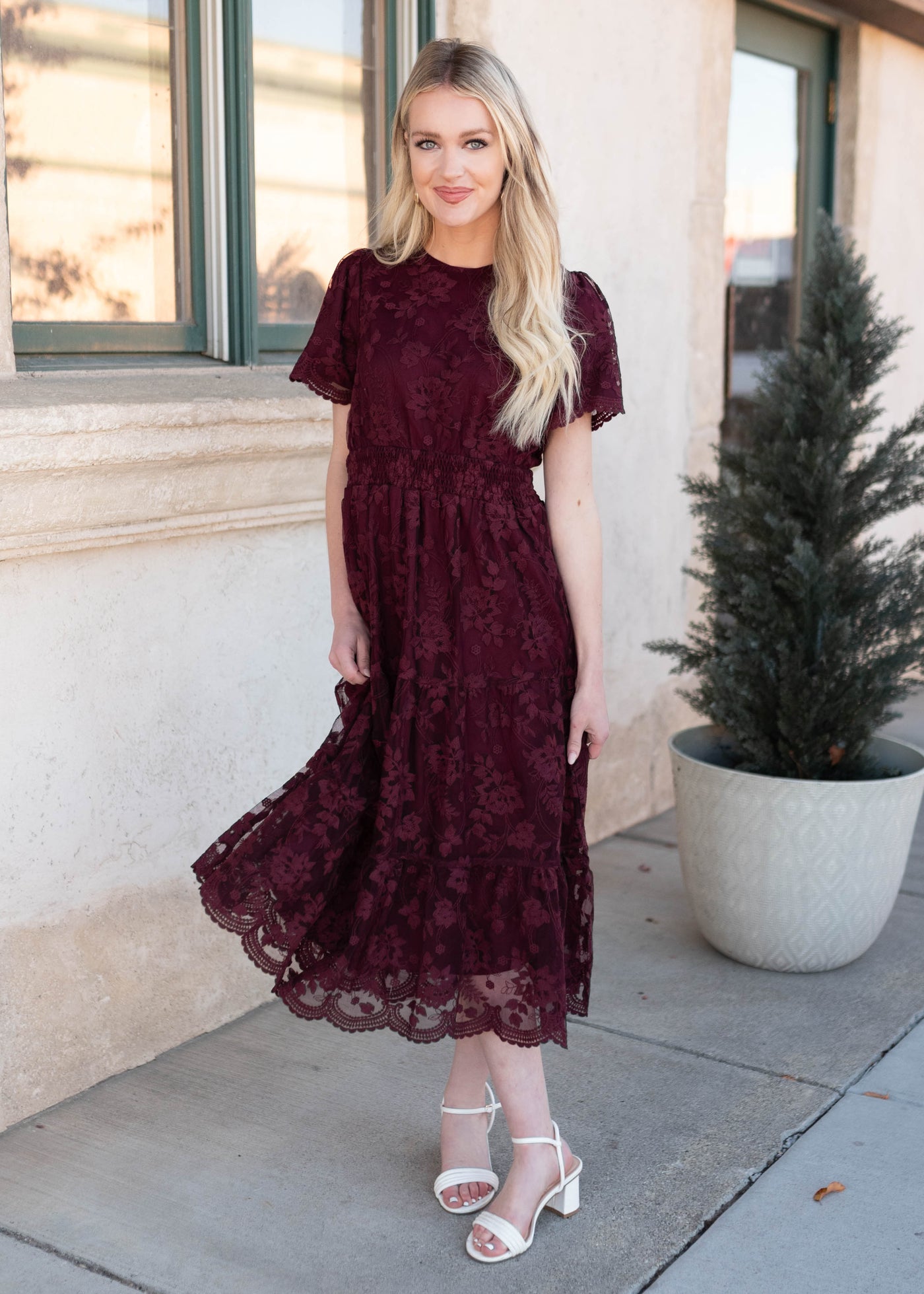 Modest short sleeve wine lace dress with scalloped hem