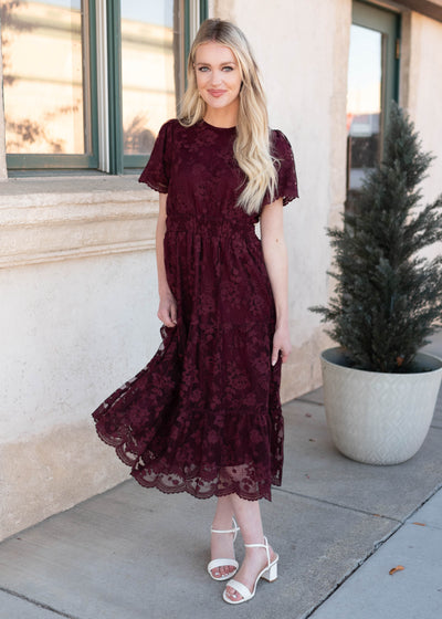 Modest short sleeve wine lace dress with scalloped hem