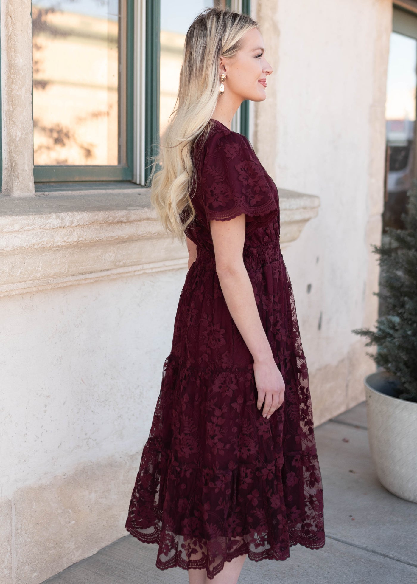 Side view of the modest wine lace dress