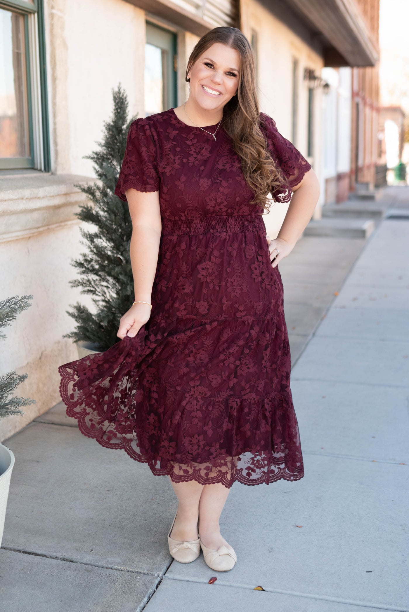 Short sleeve modest plus size wine lace dress