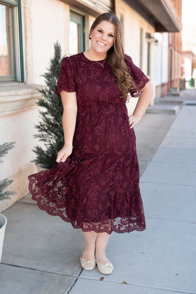 Short sleeve modest plus size wine lace dress