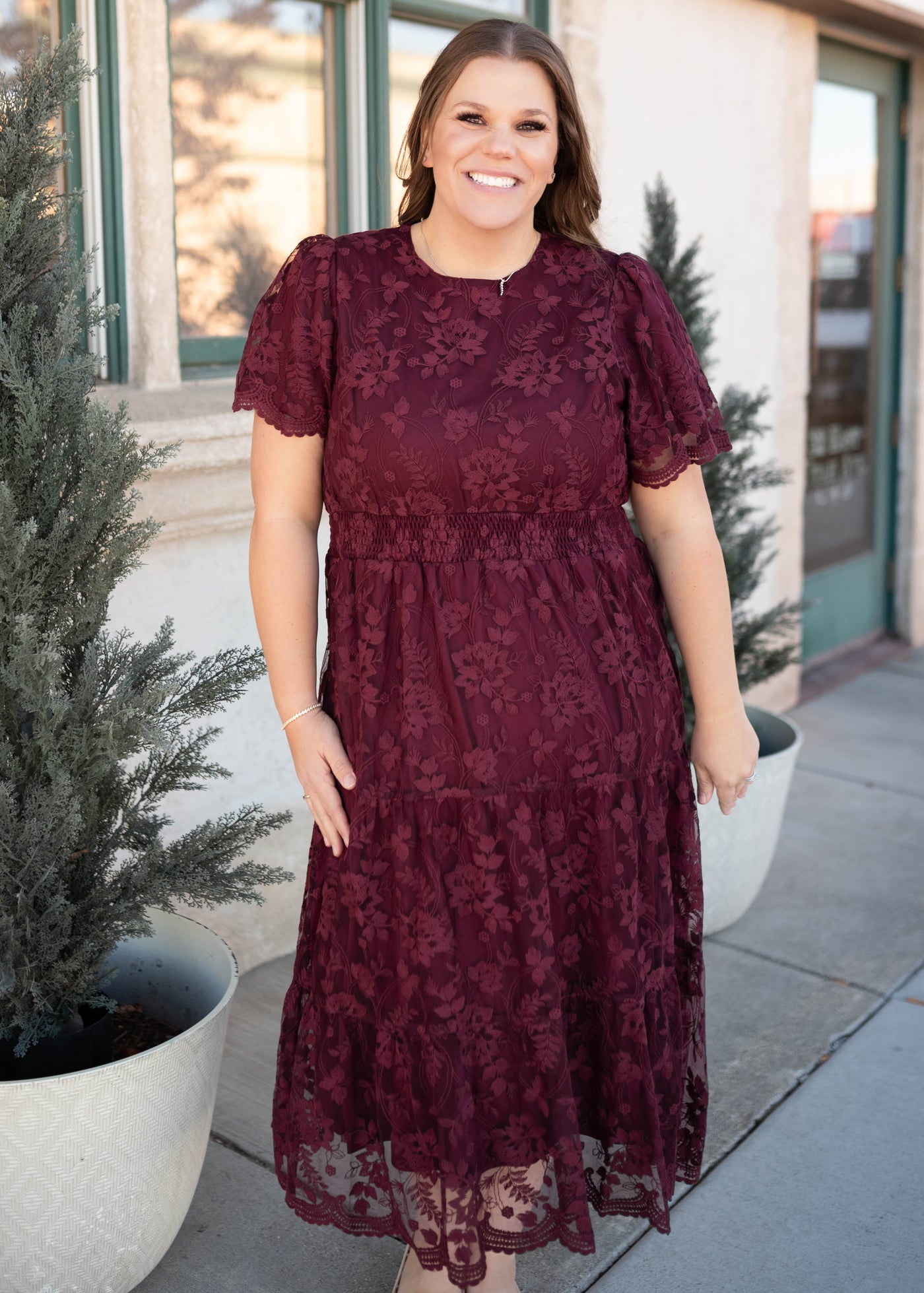 Plus size modest Lena & Layne wine lace dress