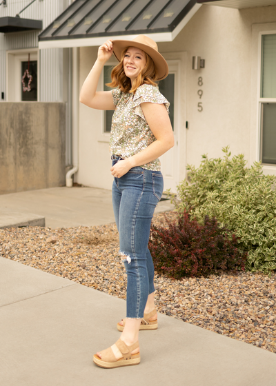 Cap sleeve green floral top