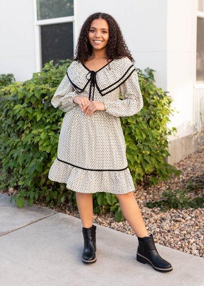 Long sleeve modest cream ruffle dress with wide collar