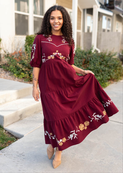 Modest Burgundy floral dress with embroidery