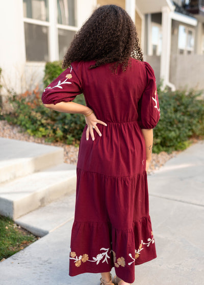 Back view of the burgundy floral dress