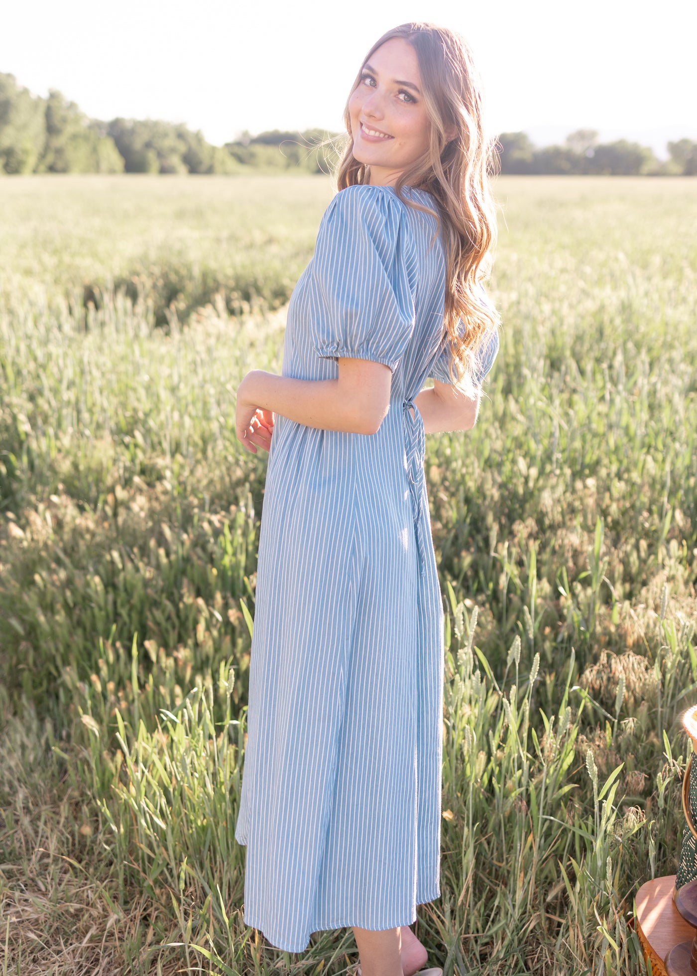 Taylor Denim Pinstripe Midi Dress - Puff Sleeves, Button-Up, V-Neckline &  Back Waist Tie