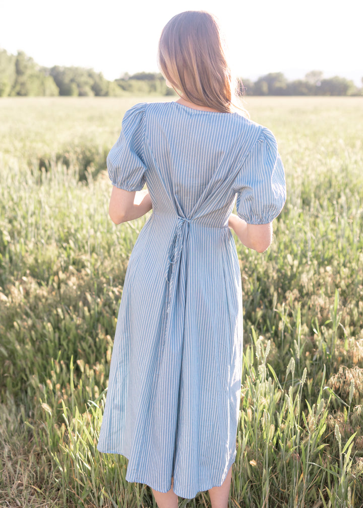 Taylor Denim Pinstripe Midi Dress - Puff Sleeves, Button-Up, V
