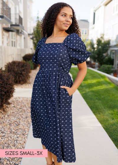 Modest short sleeve floral denim dress with pockets