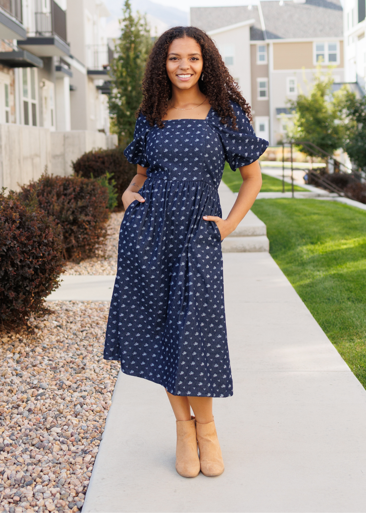 Floral denim dress with pockets