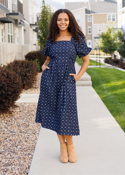 Floral denim dress with pockets