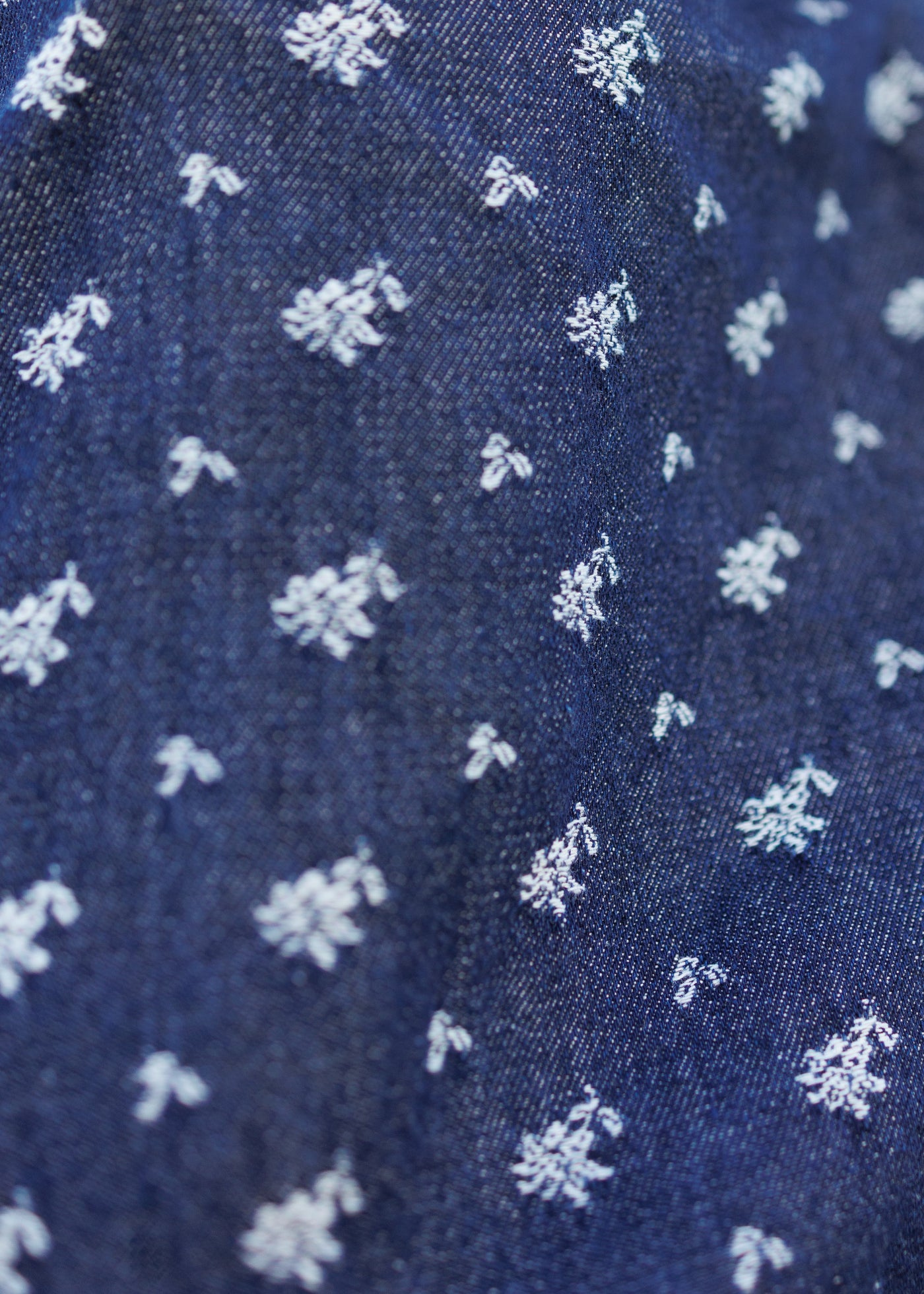 Close up of the fabic on the floral denim dress
