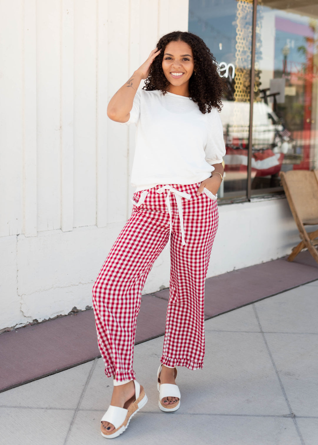 Tess Red Gingham Pants - Eyelet Lace Pockets, Ruffled Ankle Hem