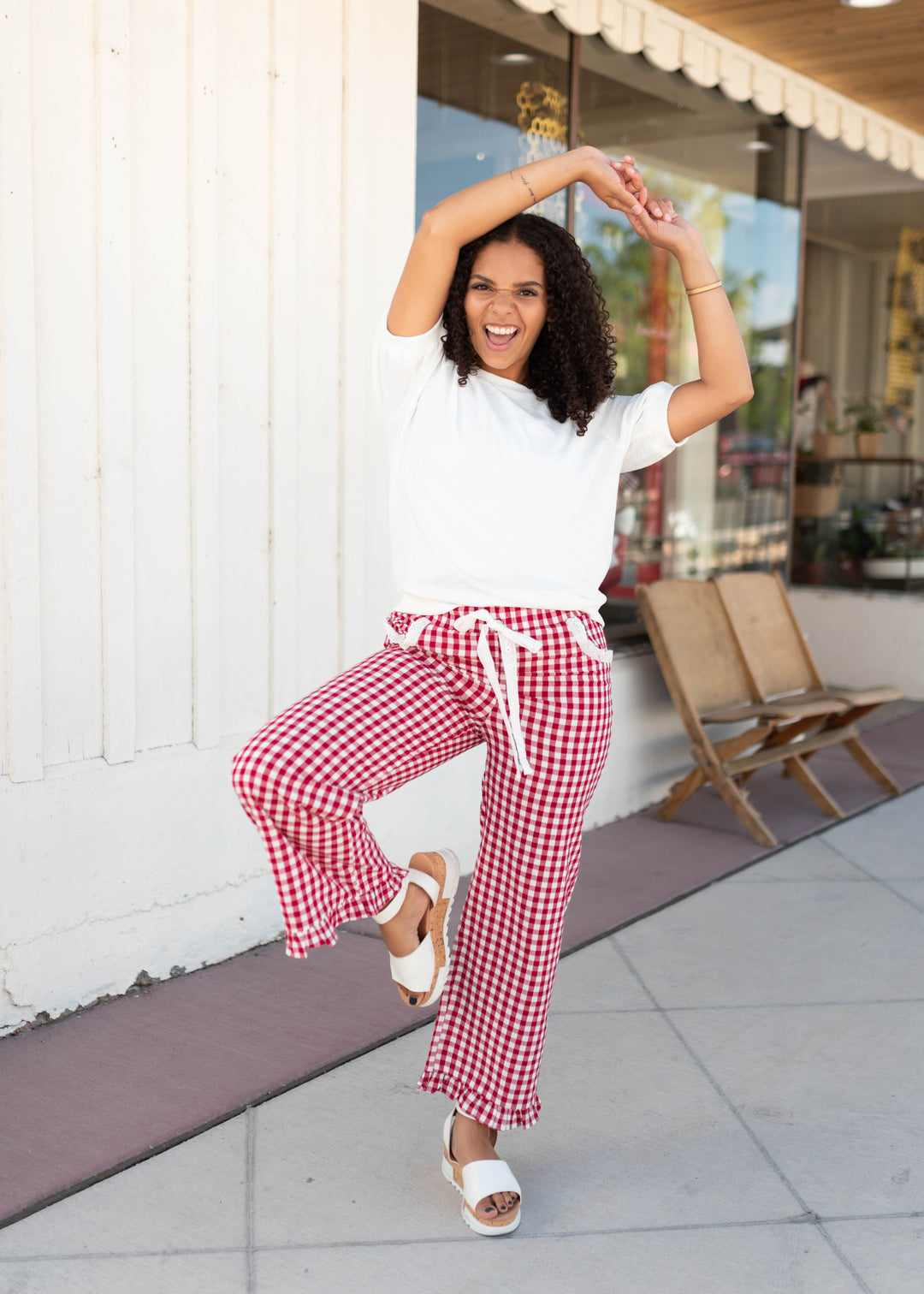 Tess Red Gingham Pants - Eyelet Lace Pockets, Ruffled Ankle Hem