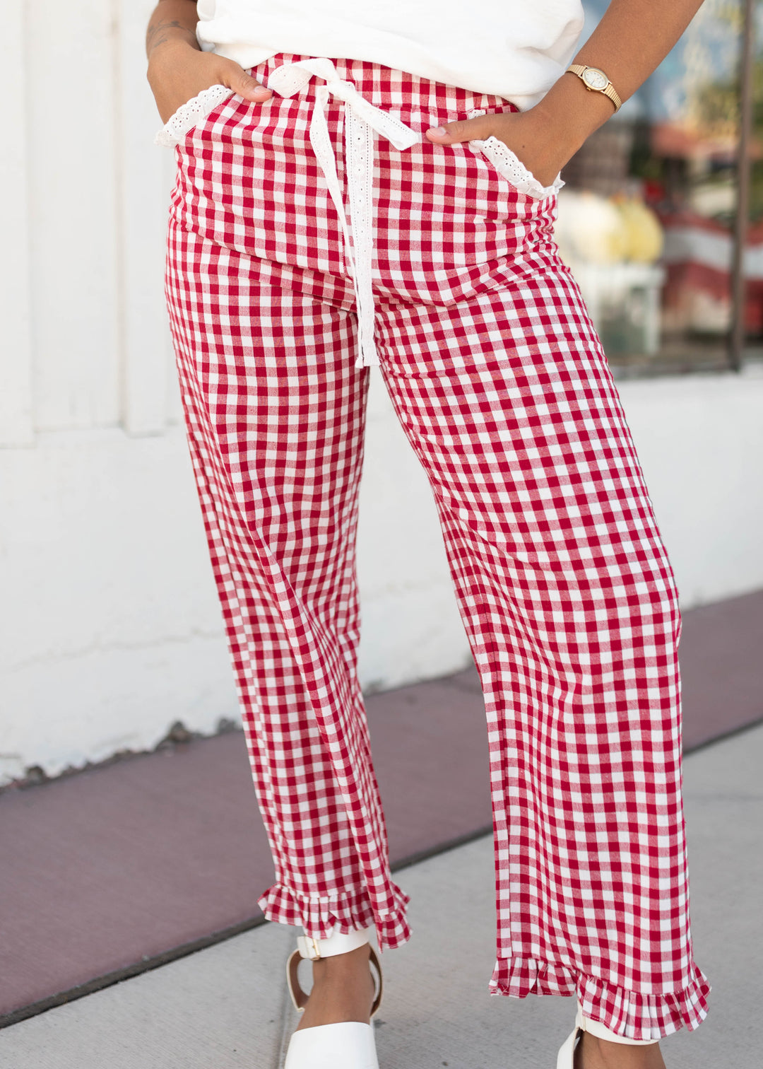 Tess Red Gingham Pants - Eyelet Lace Pockets, Ruffled Ankle Hem