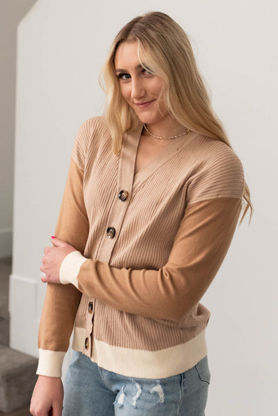Taupe cardigan with ivory cuffs