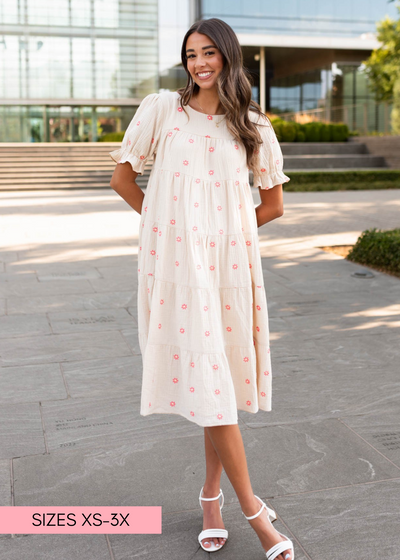 Beige floral embroidered dress