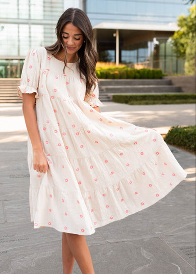 Trisha Beige Floral Embroidered Dress
