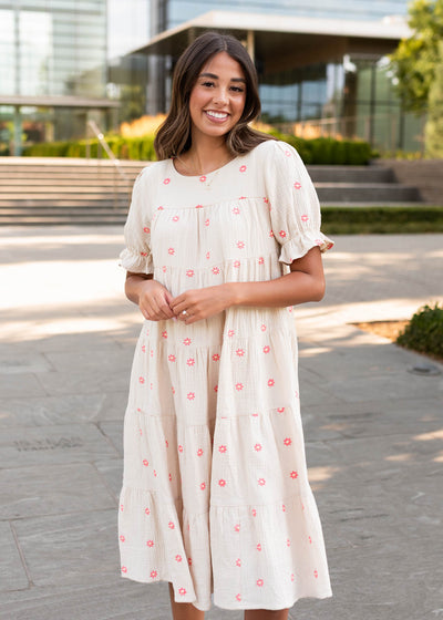 Trisha Beige Floral Embroidered Dress