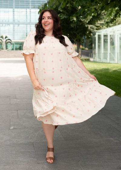 Plus size beige floral embroidered dress