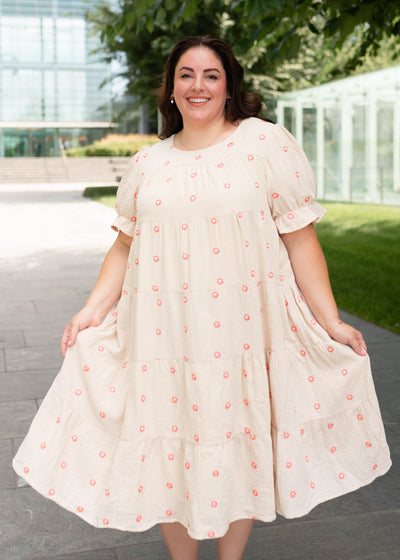 Beige floral embroidered dress with pockets in plus size