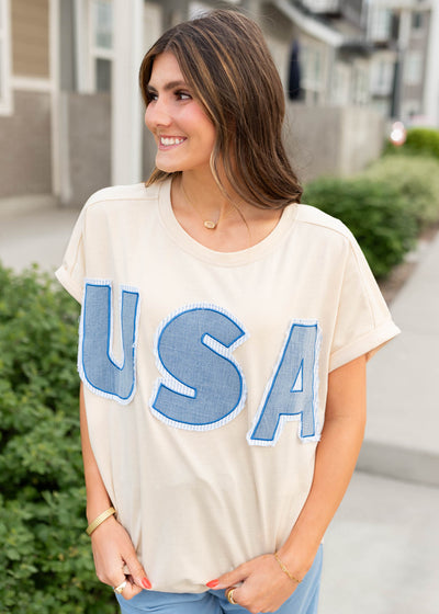 Blue words usa beige graphic tee