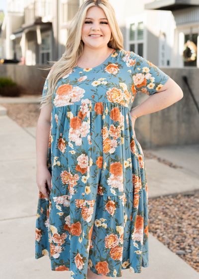 Short sleeve high waisted plus size denim tiered dress 
