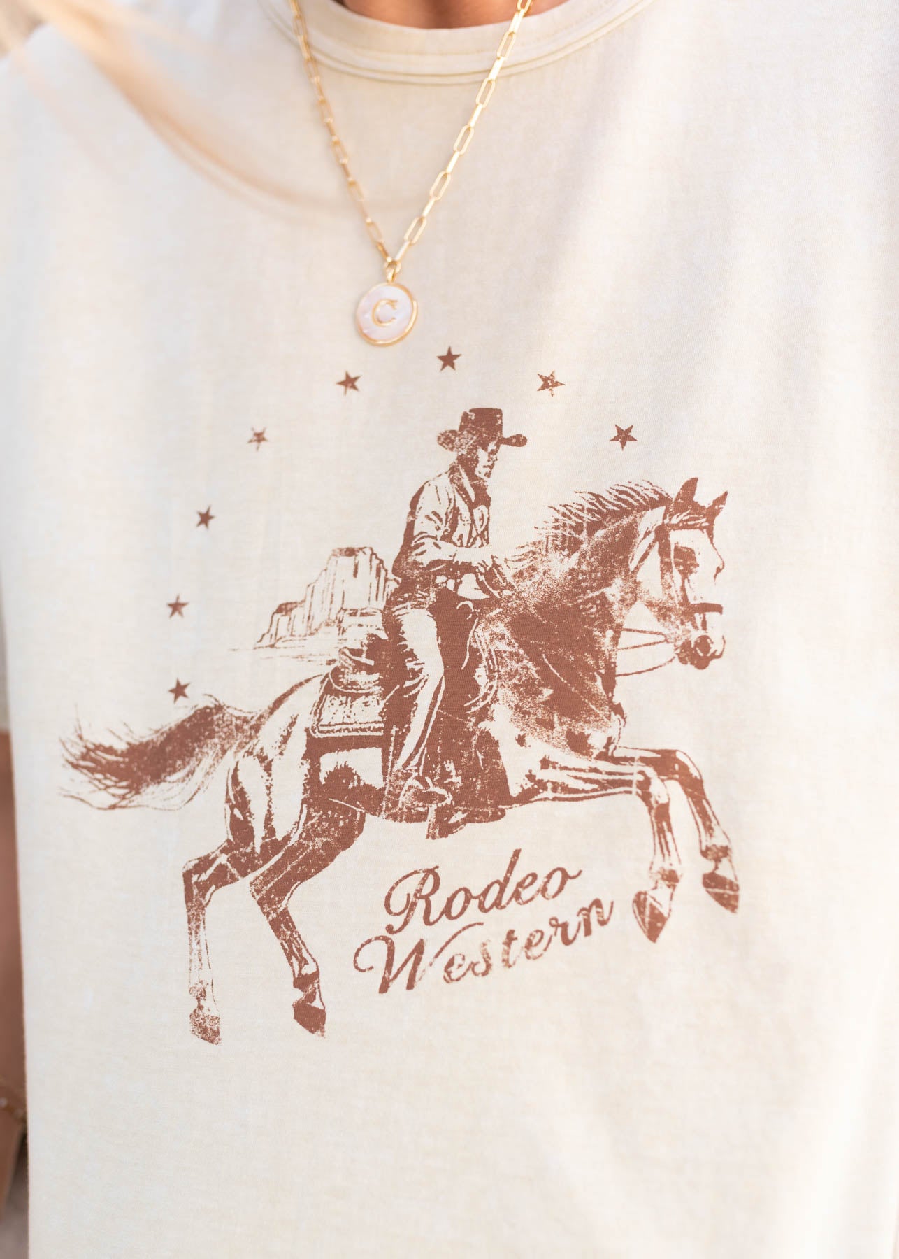 Close up of the horse on the cream rodeo top