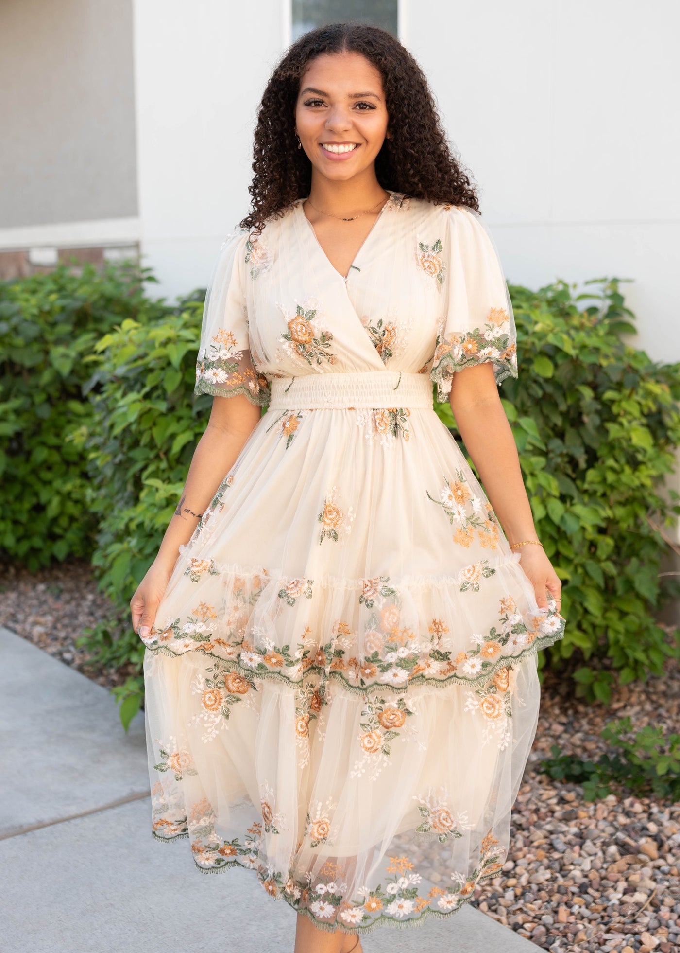 Embroidered wild flower taupe dress with elastic waist
