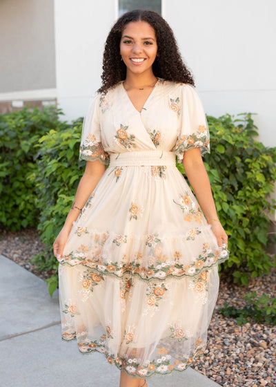 Embroidered wild flower taupe dress with elastic waist