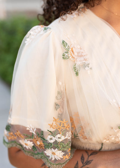 Close up of the sleeve and fabric on the modest wild flower taupe dress