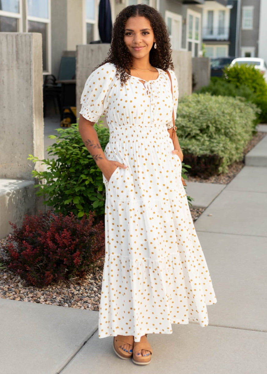 White polka dot dress with pockets